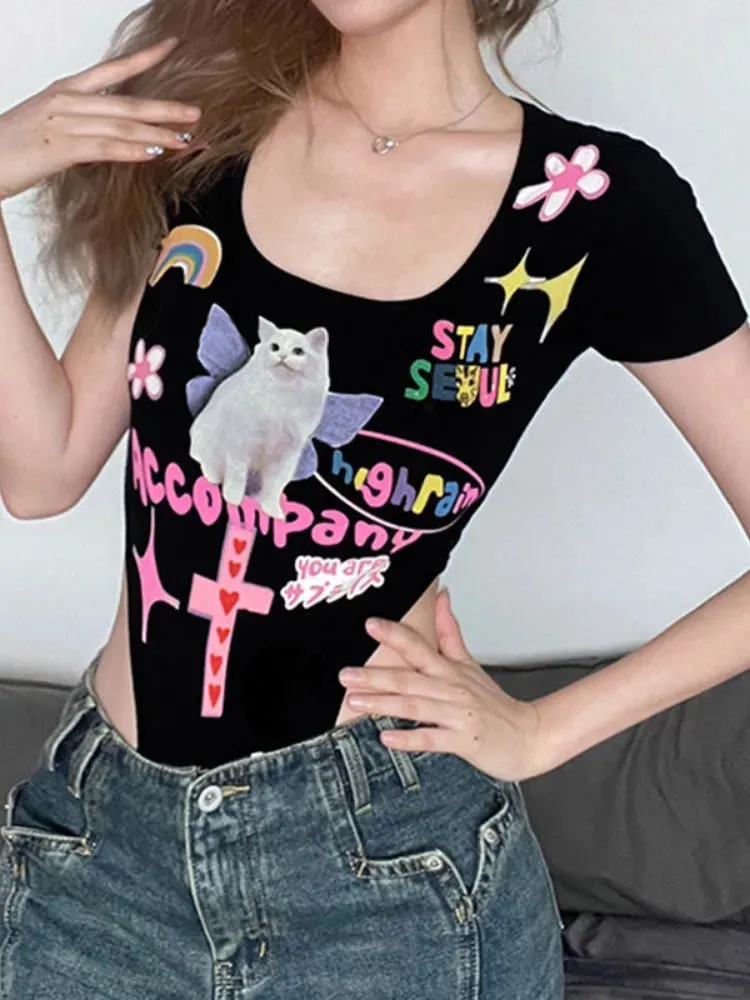 Graffiti Cat Print Short Sleeve Square Neck Hollow-up Black Bodysuit