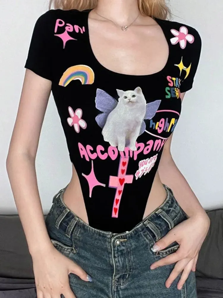 Graffiti Cat Print Short Sleeve Square Neck Hollow-up Black Bodysuit