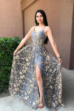 Gray Tulle Sequins Long Prom Dress, A-Line Backless Evening Dress