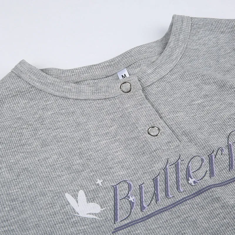 Grey Ribbed Letter Skinny Long-Sleeve Bodysuit
