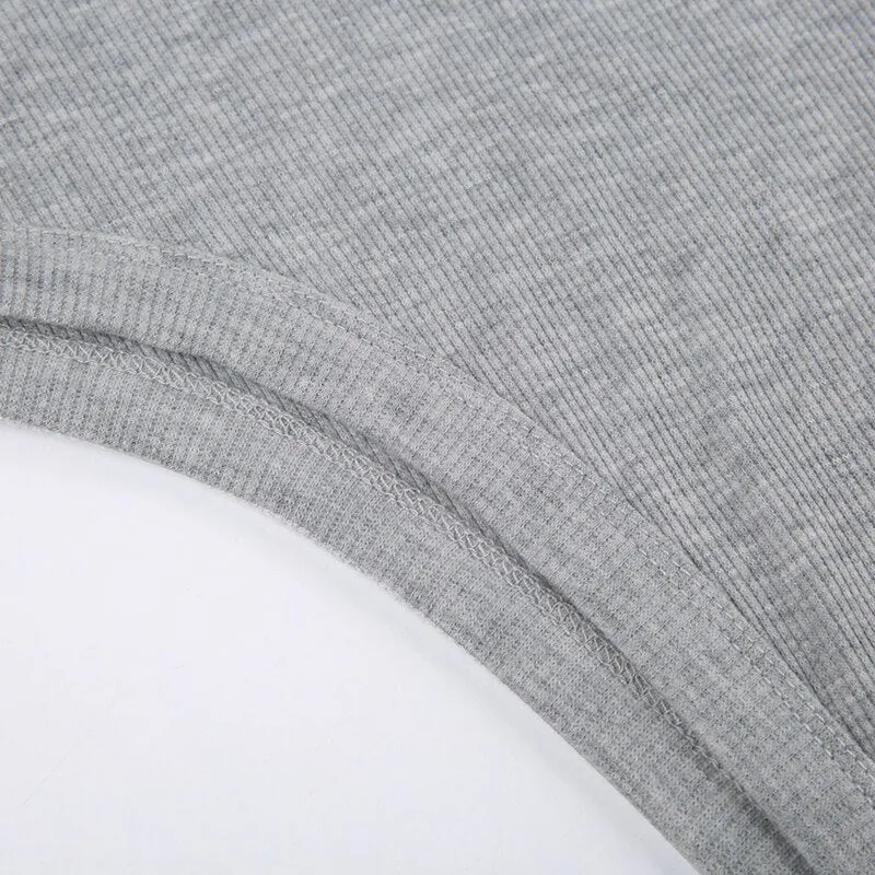 Grey Ribbed Letter Skinny Long-Sleeve Bodysuit