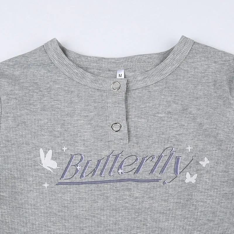 Grey Ribbed Letter Skinny Long-Sleeve Bodysuit