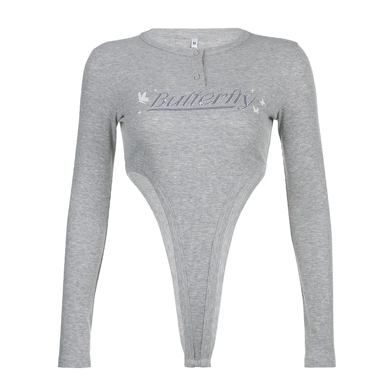 Grey Ribbed Letter Skinny Long-Sleeve Bodysuit