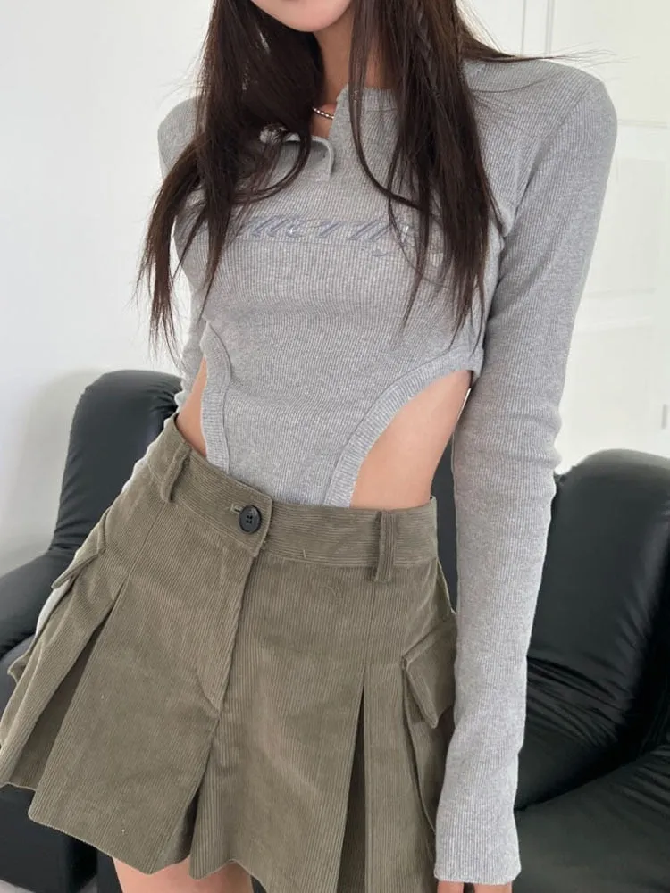 Grey Ribbed Letter Skinny Long-Sleeve Bodysuit
