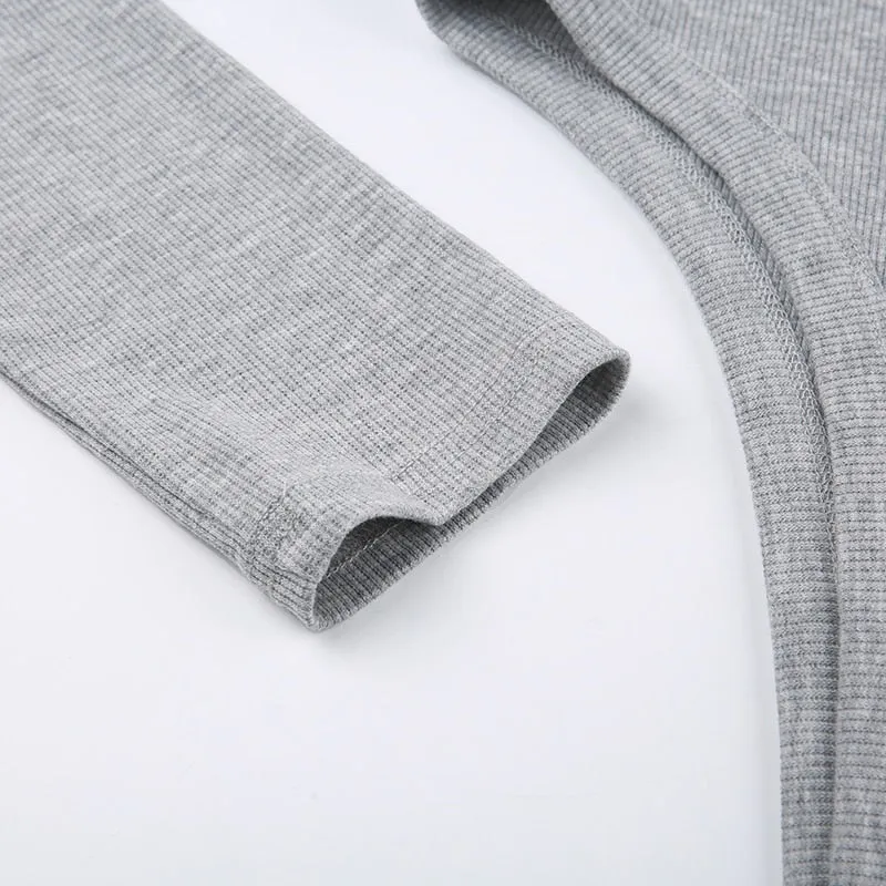 Grey Ribbed Letter Skinny Long-Sleeve Bodysuit