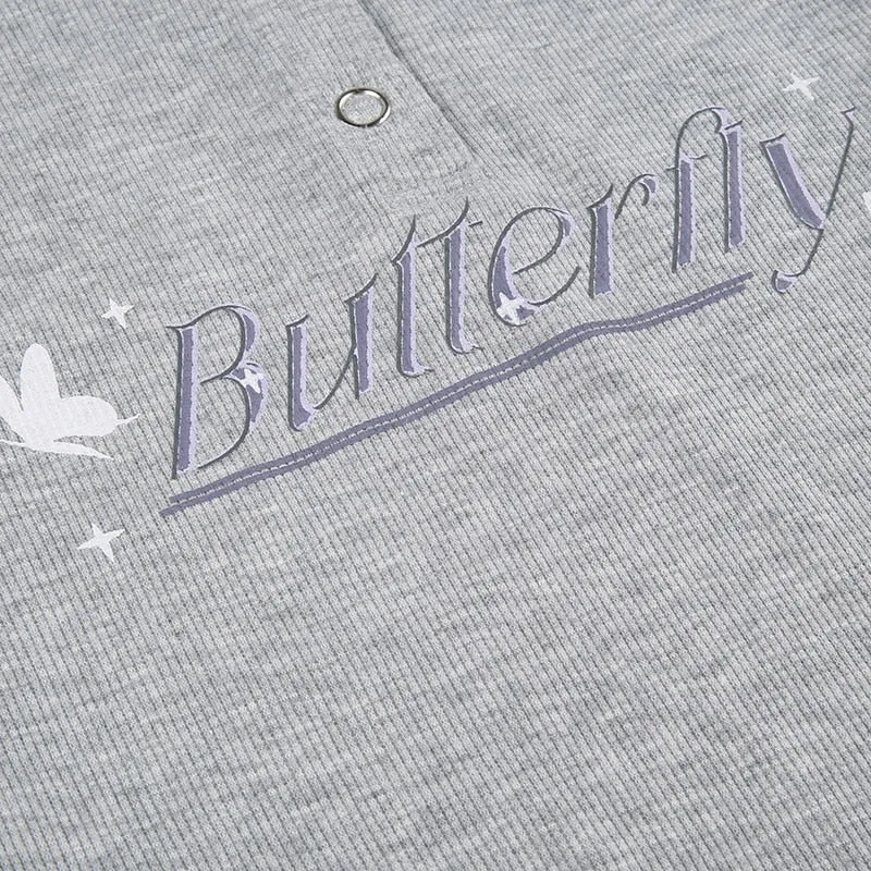 Grey Ribbed Letter Skinny Long-Sleeve Bodysuit