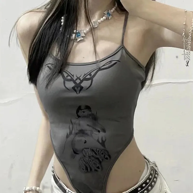 Grunge Dark Grey Aesthetic Graphic Print Sleeveless Bodysuit