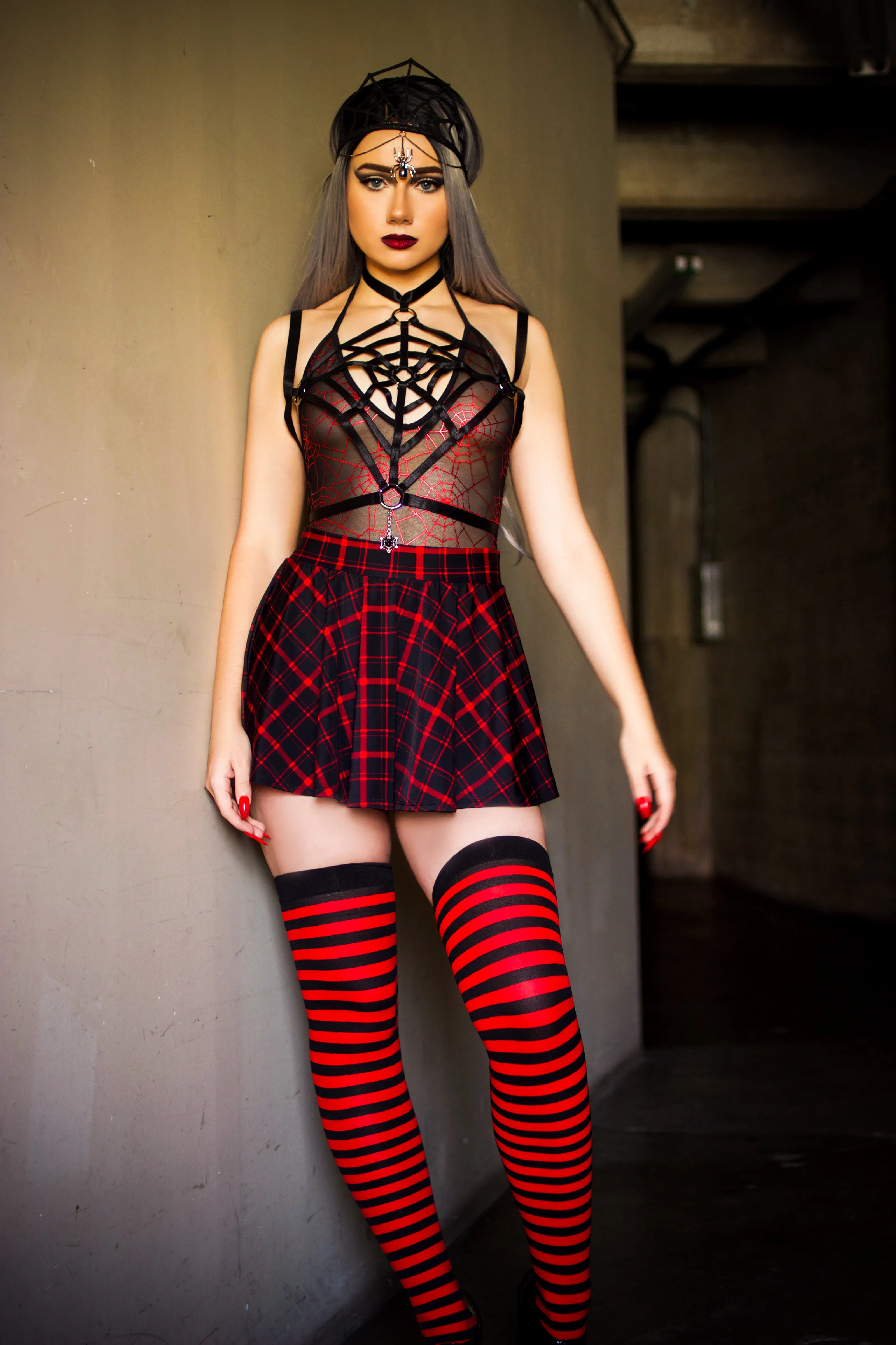 High Cut Halter Bodysuit in Spiderweb Mesh with Red Metallic