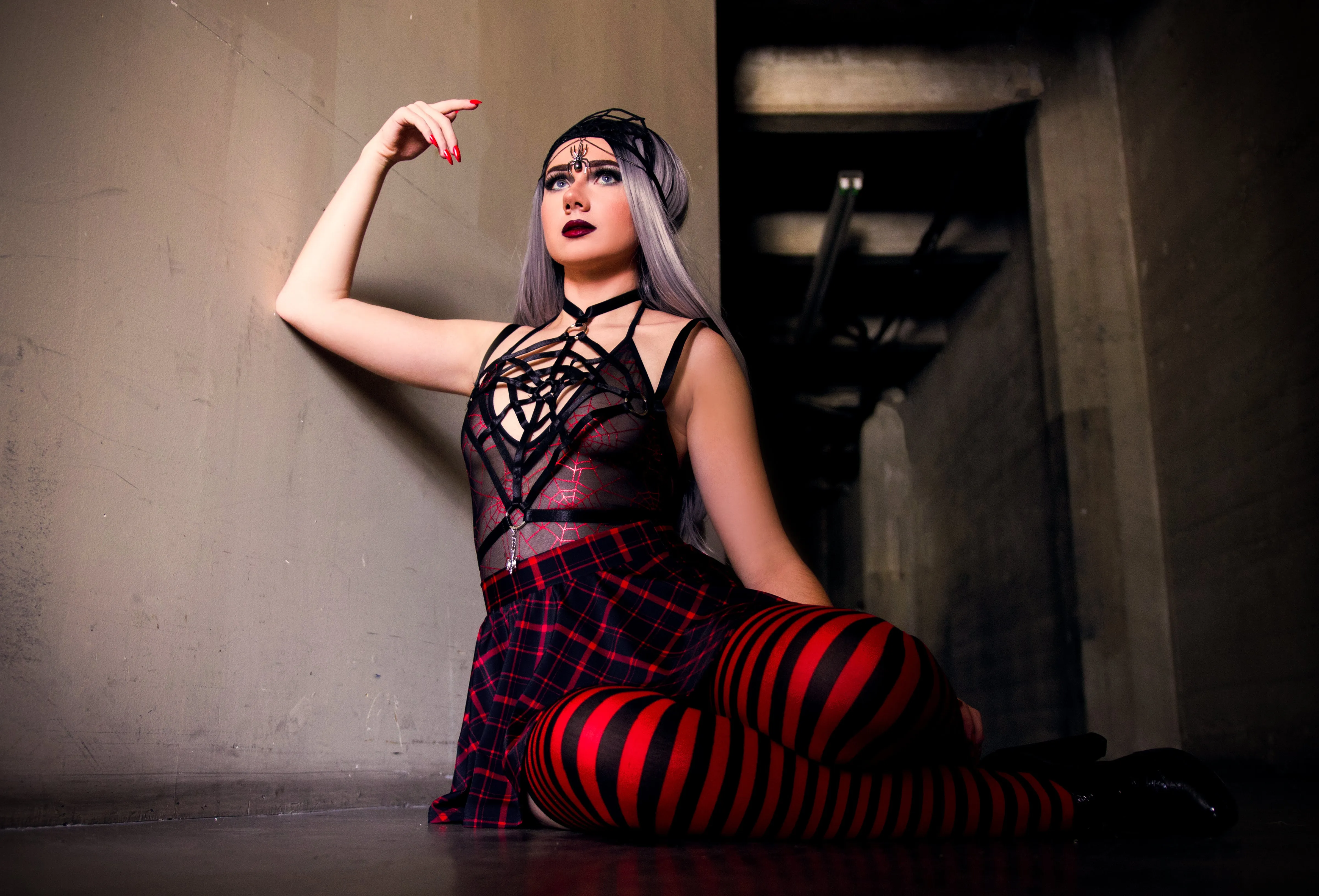 High Cut Halter Bodysuit in Spiderweb Mesh with Red Metallic