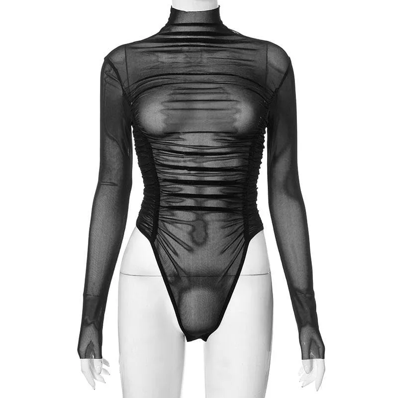 High neck see through long sleeve sheer mesh bodysuit