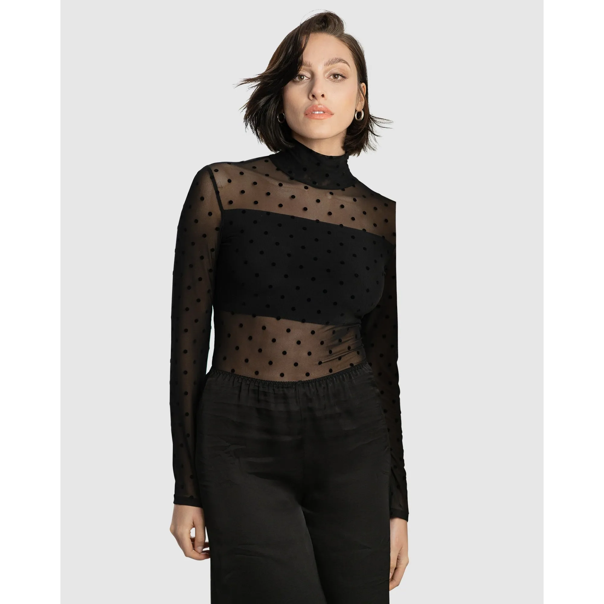 High Neck Sheer Polkadot Long Sleeve Bodysuit