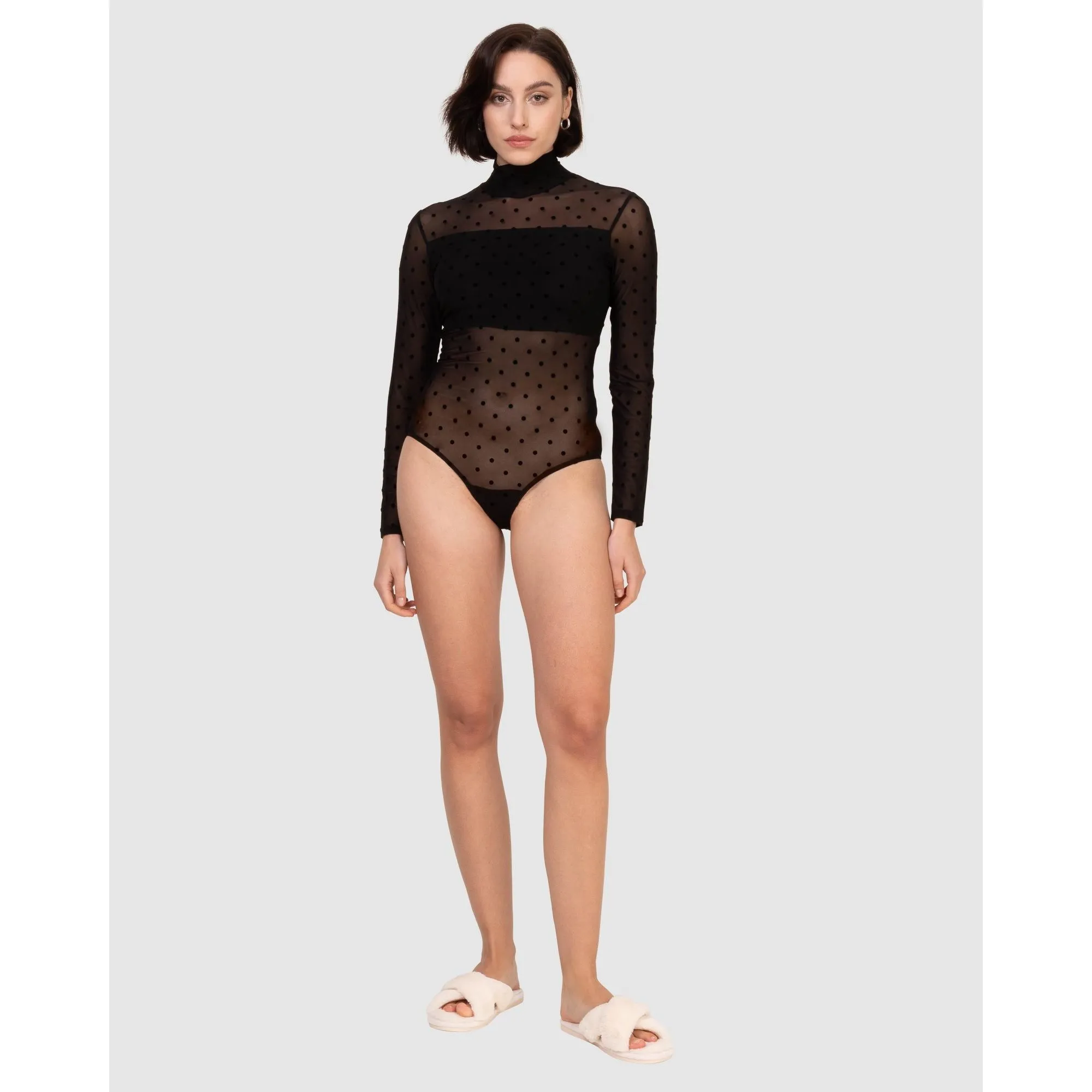 High Neck Sheer Polkadot Long Sleeve Bodysuit