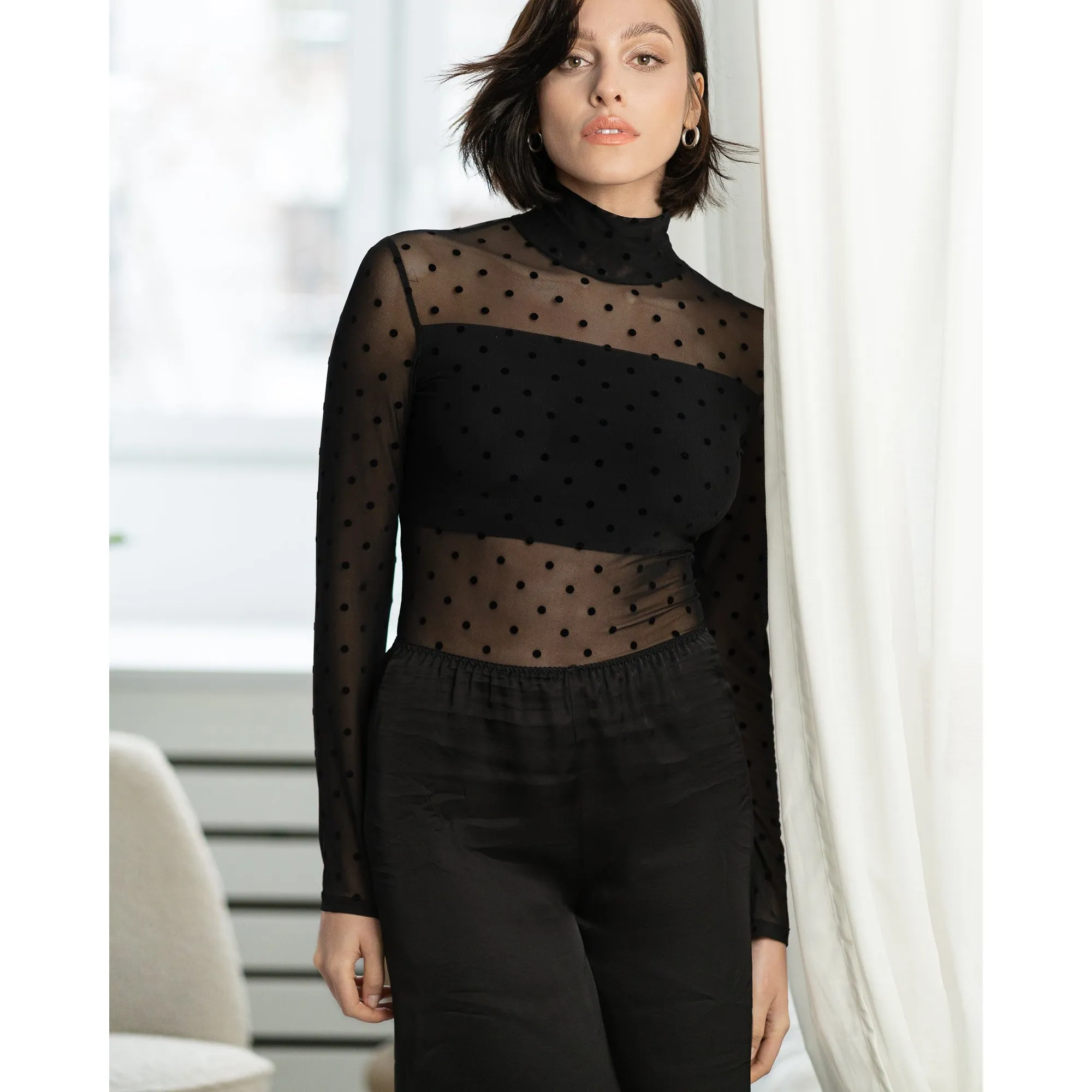 High Neck Sheer Polkadot Long Sleeve Bodysuit
