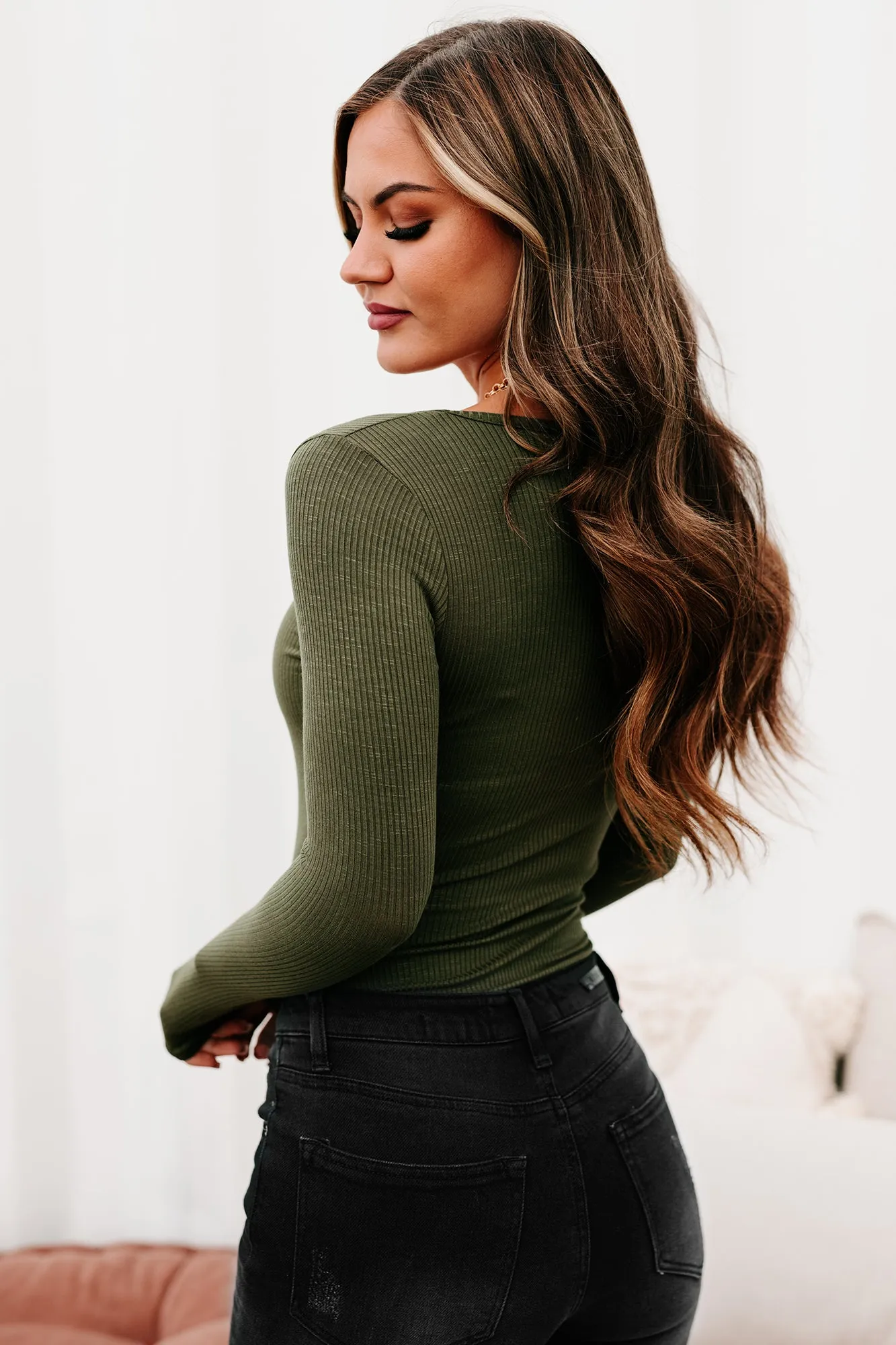 Hoda Long Sleeve Henley Bodysuit (Olive)