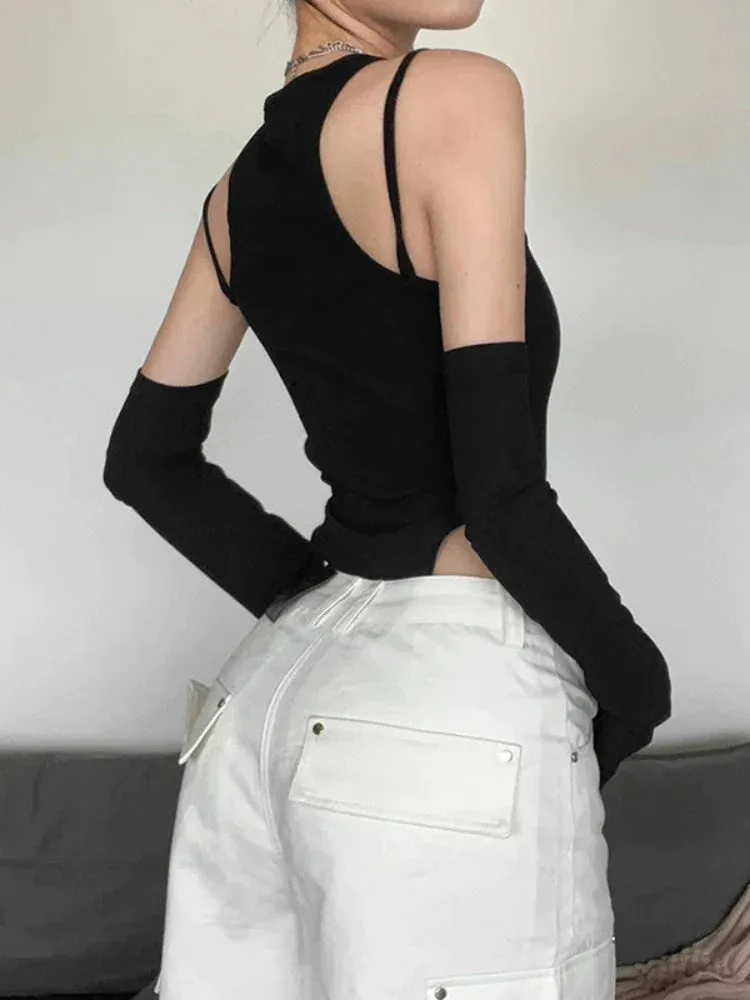 Hollow Out Black Asymmetrical Neck Crop Bodysuit