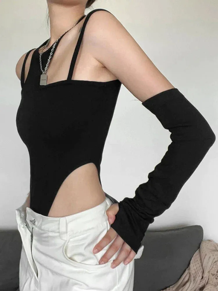 Hollow Out Black Asymmetrical Neck Crop Bodysuit