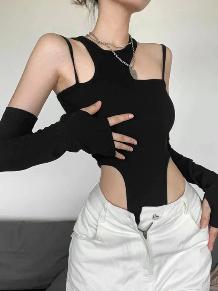 Hollow Out Black Asymmetrical Neck Crop Bodysuit