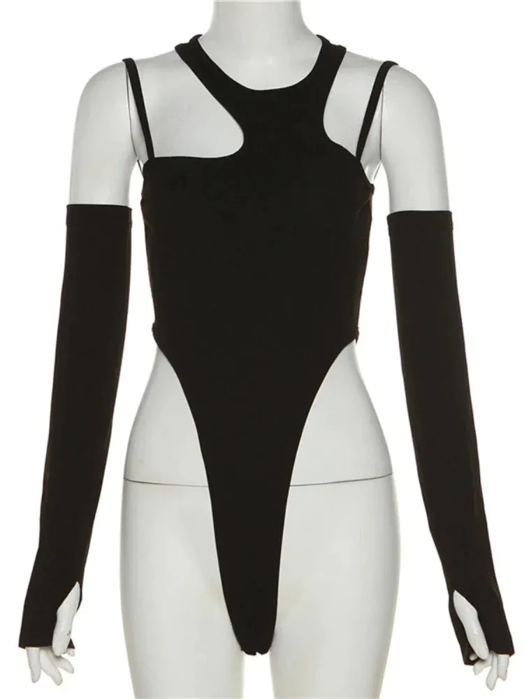 Hollow Out Black Asymmetrical Neck Crop Bodysuit
