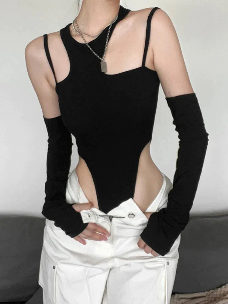 Hollow Out Black Asymmetrical Neck Crop Bodysuit