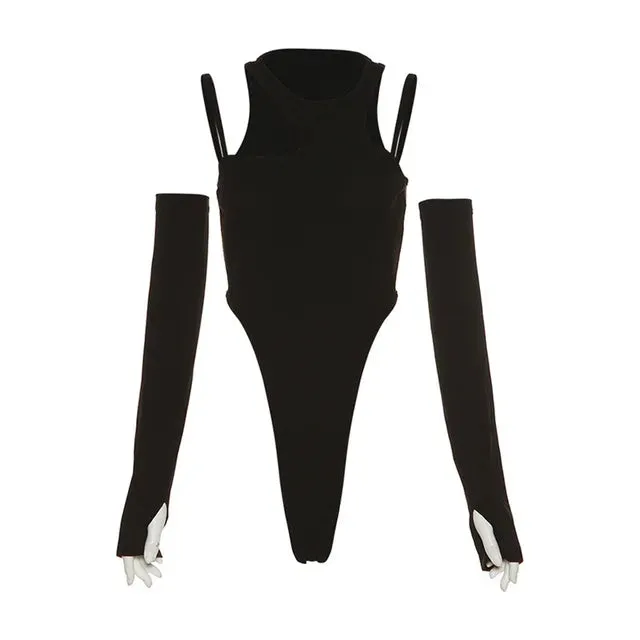 Hollow Out Black Asymmetrical Neck Crop Bodysuit