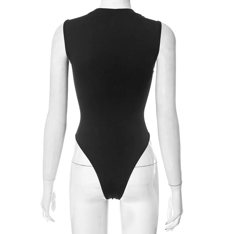 Hollow out crewneck solid sleeveless bodysuit