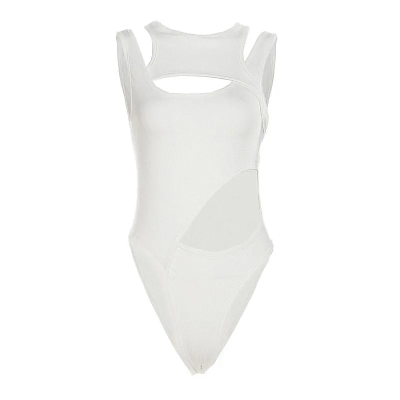 Hollow out irregular sleeveless solid patchwork bodysuit y2k 90s Revival Techno Fashion