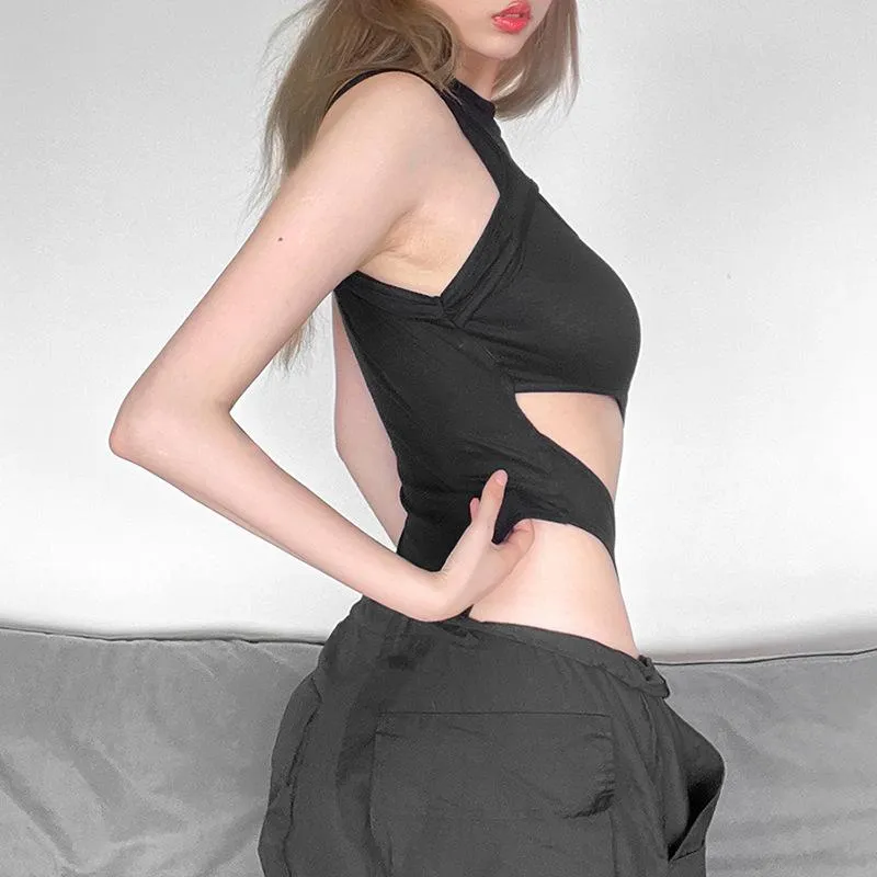 Hollow out irregular sleeveless solid patchwork bodysuit y2k 90s Revival Techno Fashion