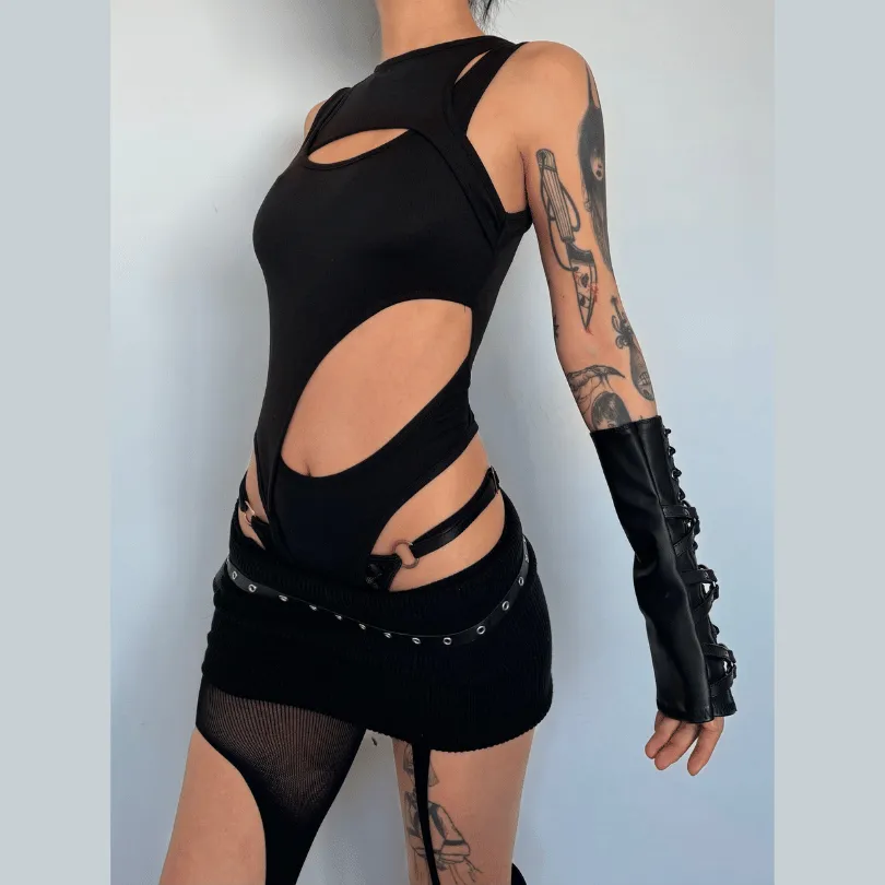 Hollow out irregular sleeveless solid patchwork bodysuit y2k 90s Revival Techno Fashion