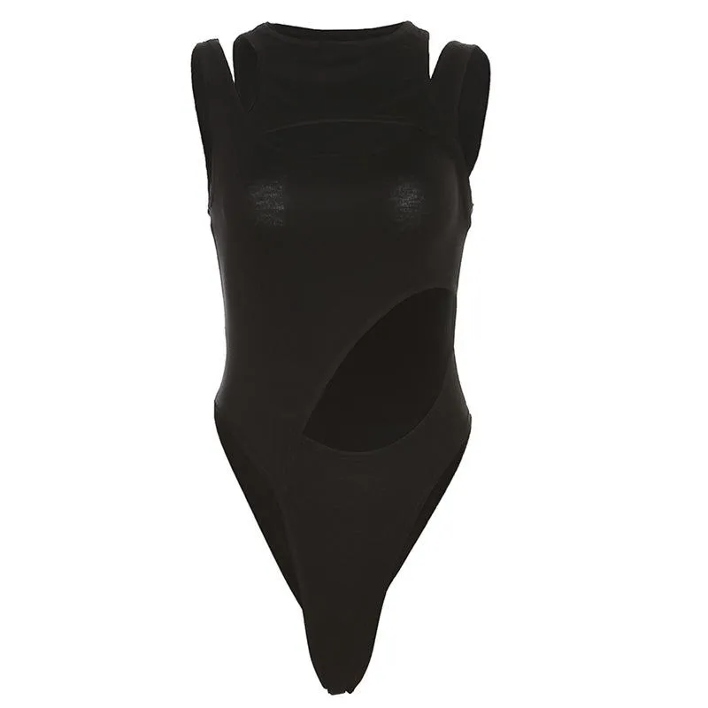 Hollow out irregular sleeveless solid patchwork bodysuit y2k 90s Revival Techno Fashion