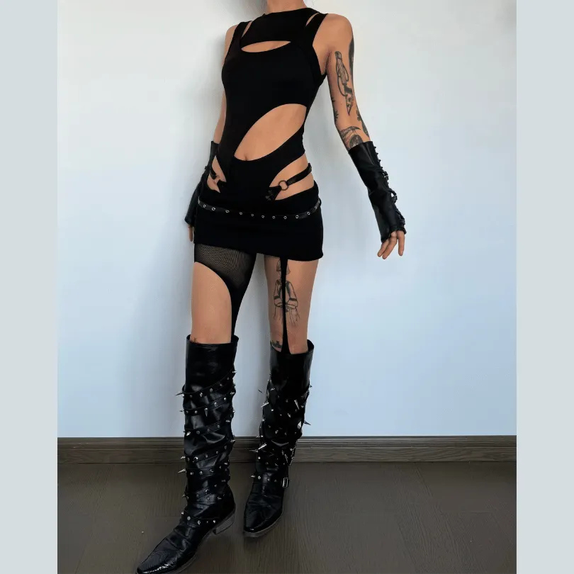 Hollow out irregular sleeveless solid patchwork bodysuit y2k 90s Revival Techno Fashion