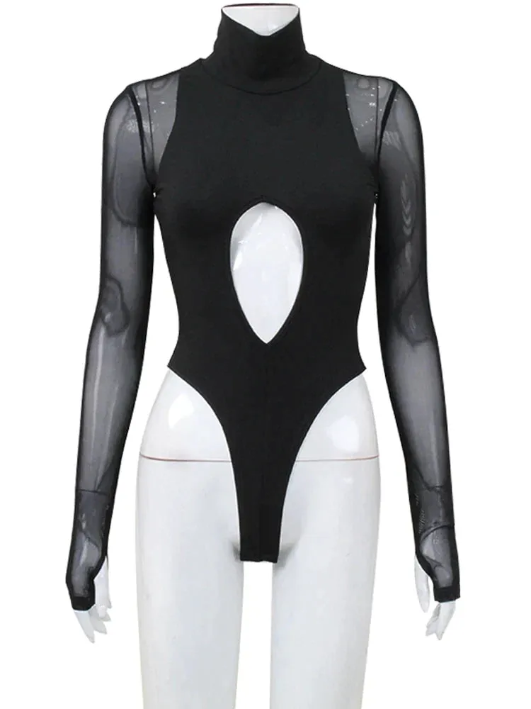 Hollow Out Long Sleeve Mesh Black Bodysuit