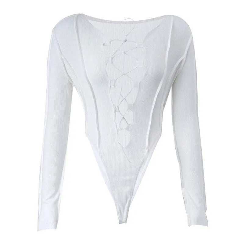 Hollow out solid long sleeve button lace up bodysuit