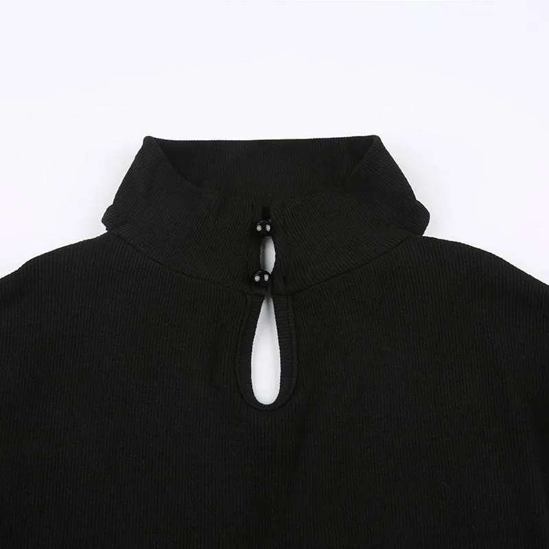 Hollow out solid long sleeve high neck gloves bodysuit