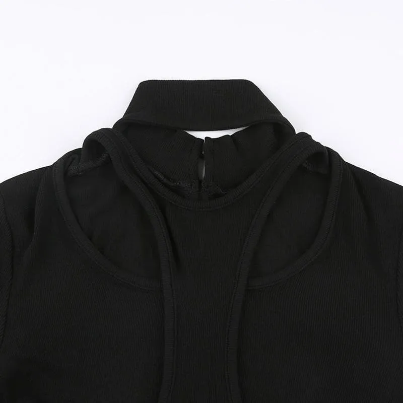Hollow out solid long sleeve high neck gloves bodysuit