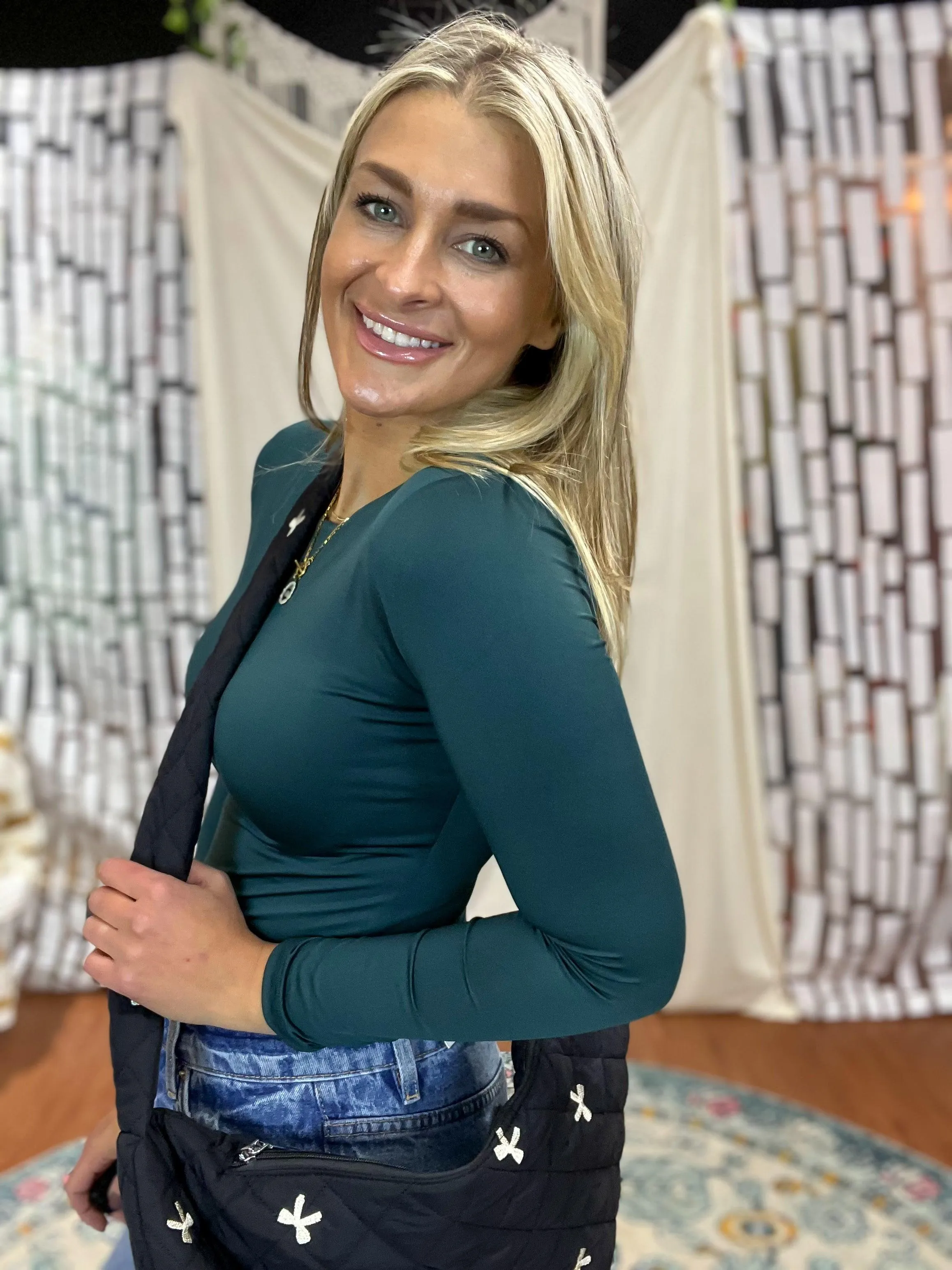Hunter Green Round Neck Long Sleeve Bodysuit