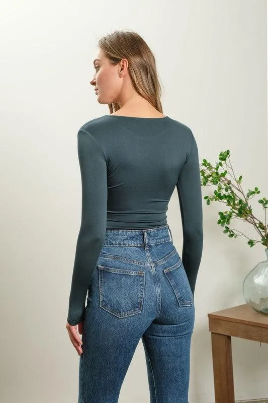 Hunter Green Round Neck Long Sleeve Bodysuit
