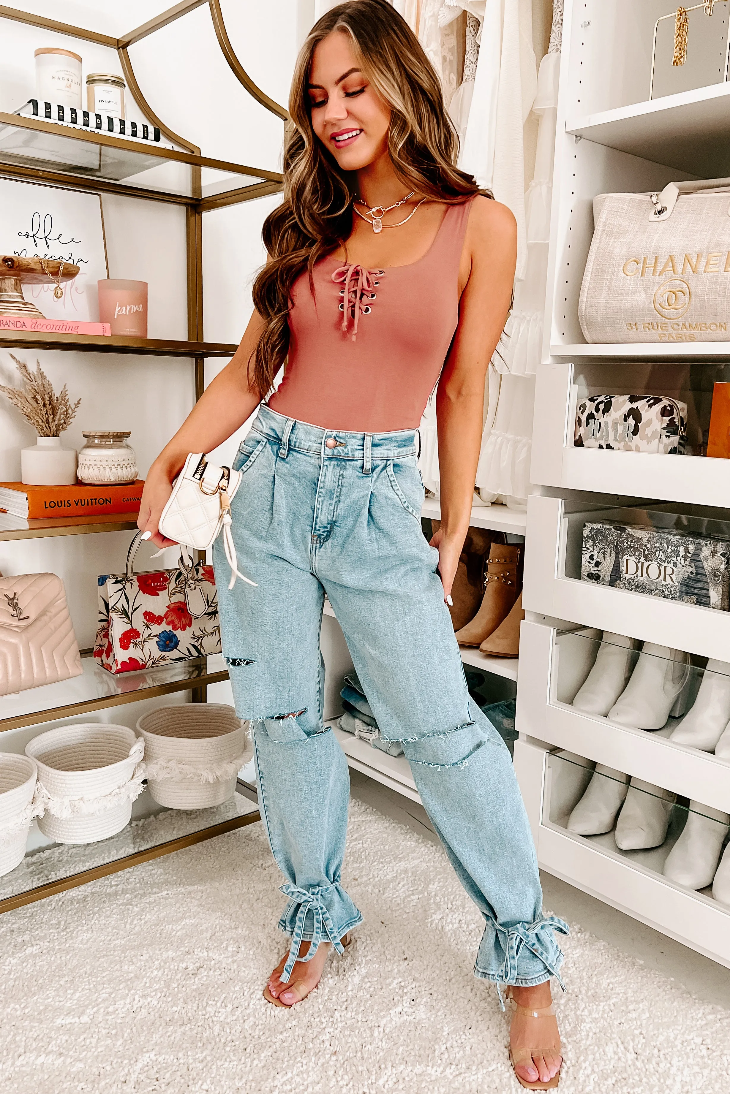 I'm With You Lace Up Tank Strap Bodysuit (Dusty Cedar)