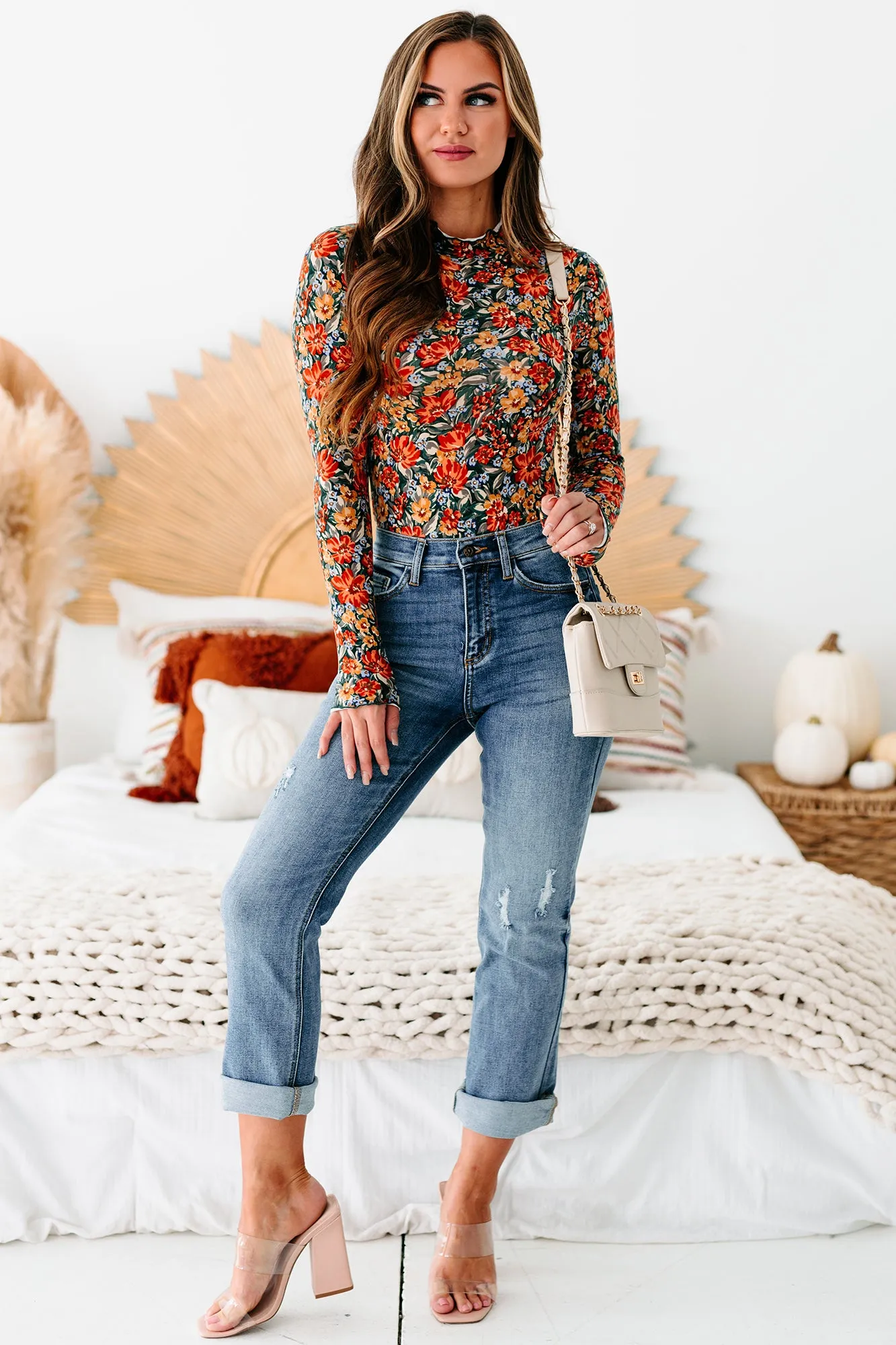 In A Good Place Floral Mock Neck Bodysuit (Rust/Teal)