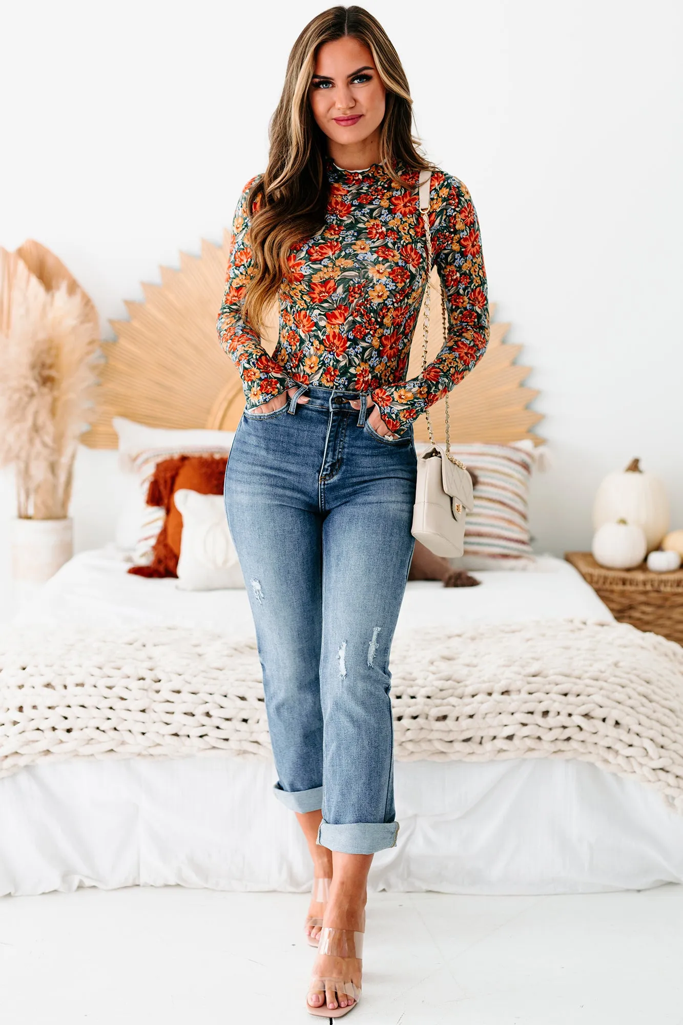 In A Good Place Floral Mock Neck Bodysuit (Rust/Teal)