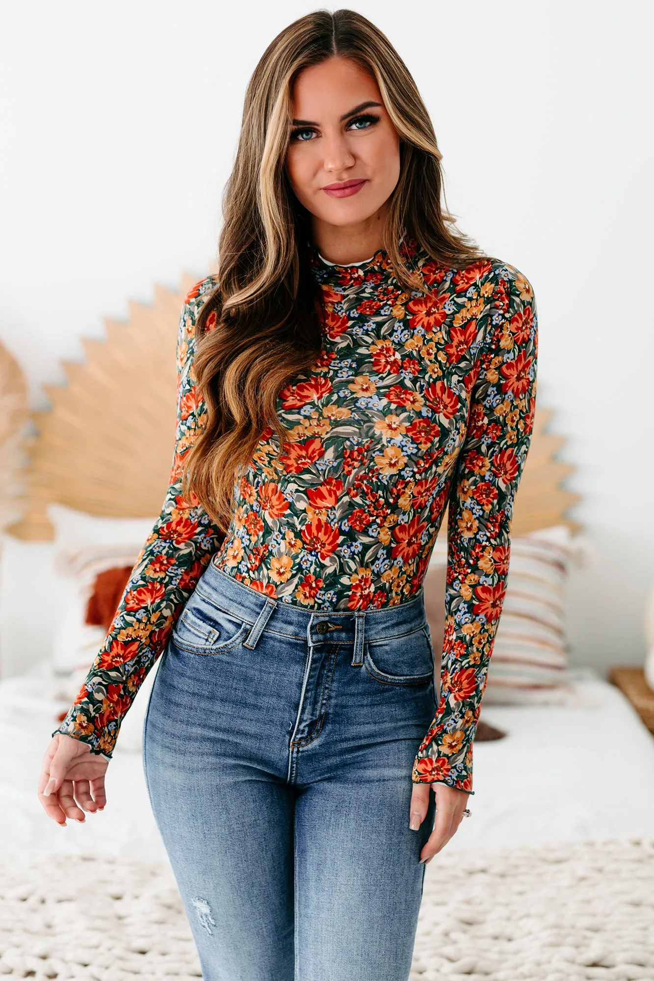 In A Good Place Floral Mock Neck Bodysuit (Rust/Teal)