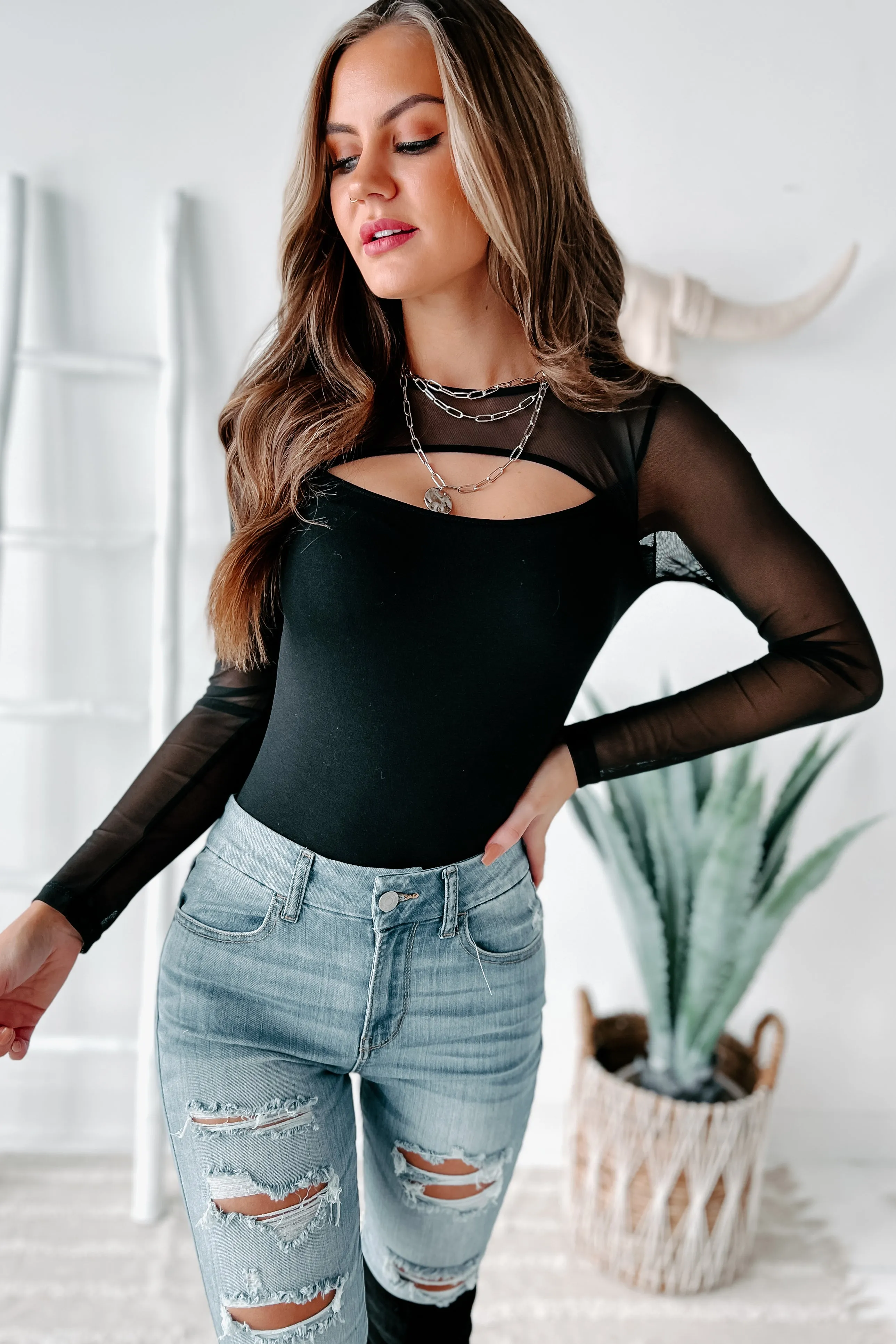 Into The Night Cut Out-Mesh Long Sleeve Bodysuit (Black)