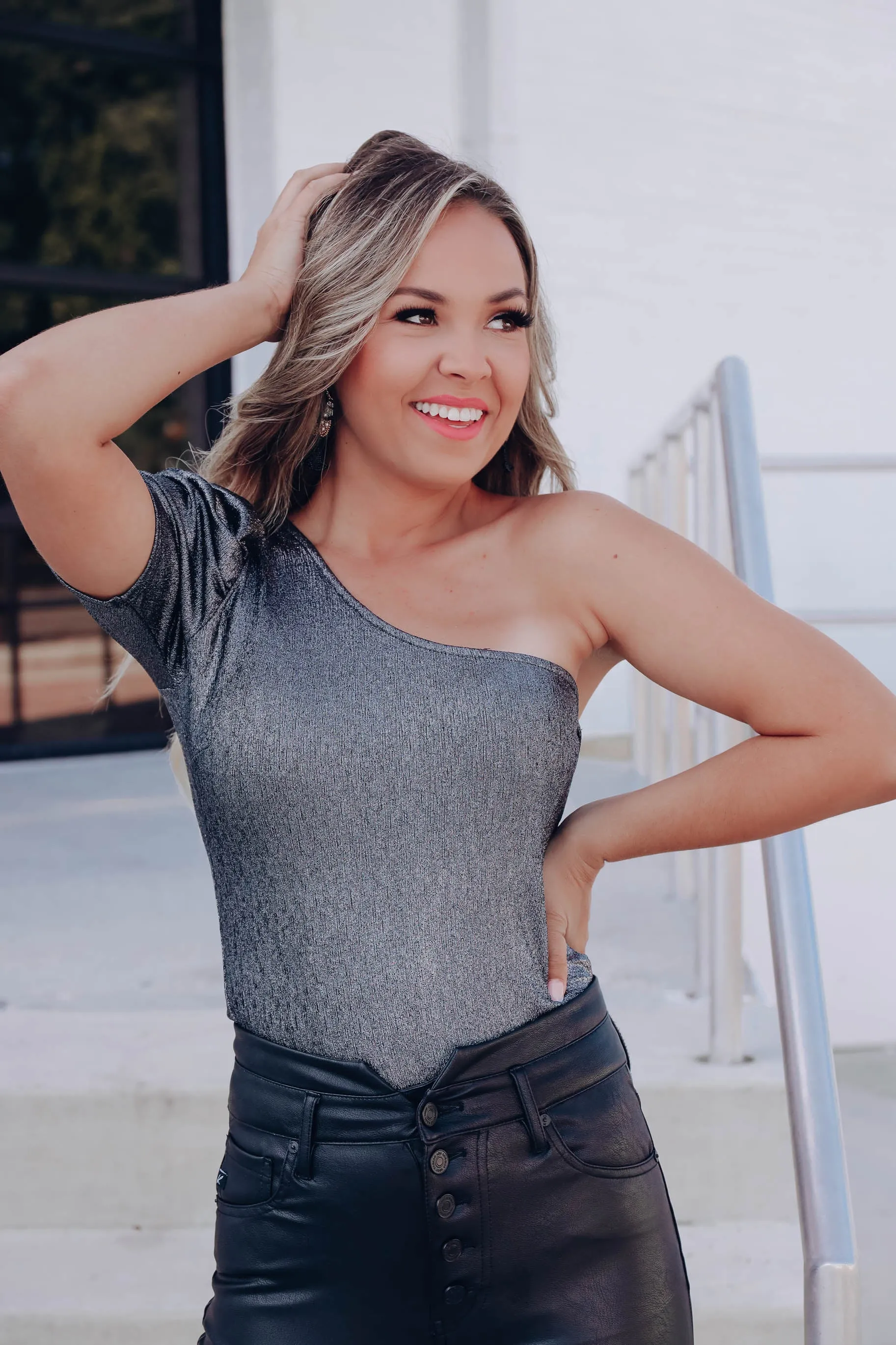 Irreplaceable Metallic One Shoulder Bodysuit - Silver