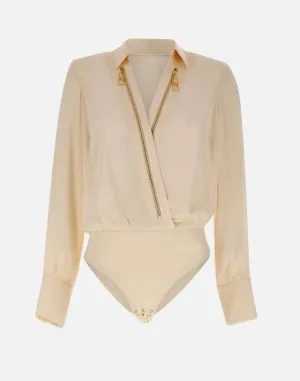 Ivory Shirt Design Bodysuit with Gold Zip
