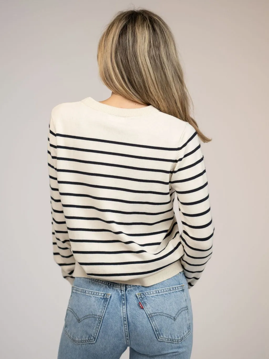 Ivory Striped Sweater with Palmetto Tree Embroidery