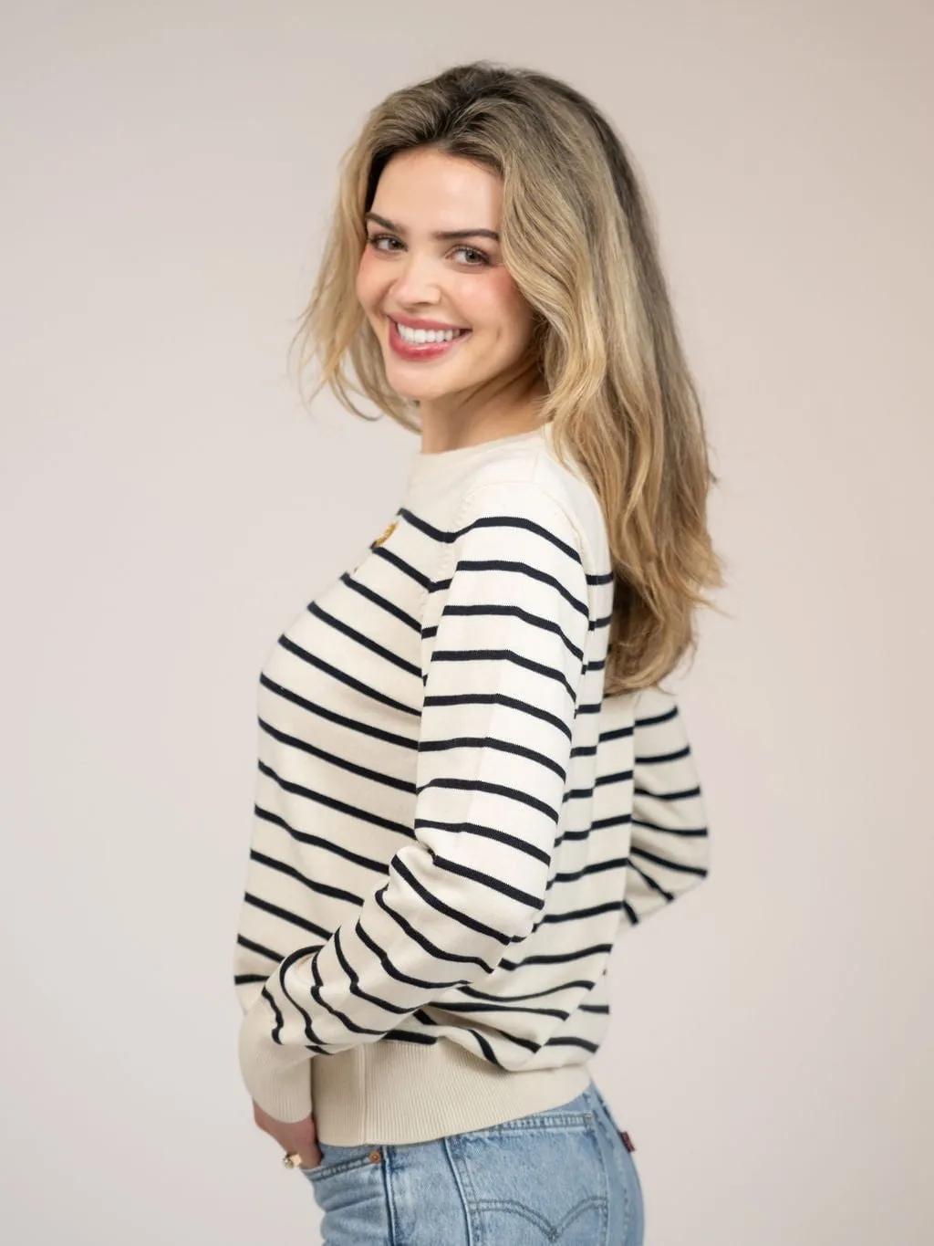 Ivory Striped Sweater with Palmetto Tree Embroidery
