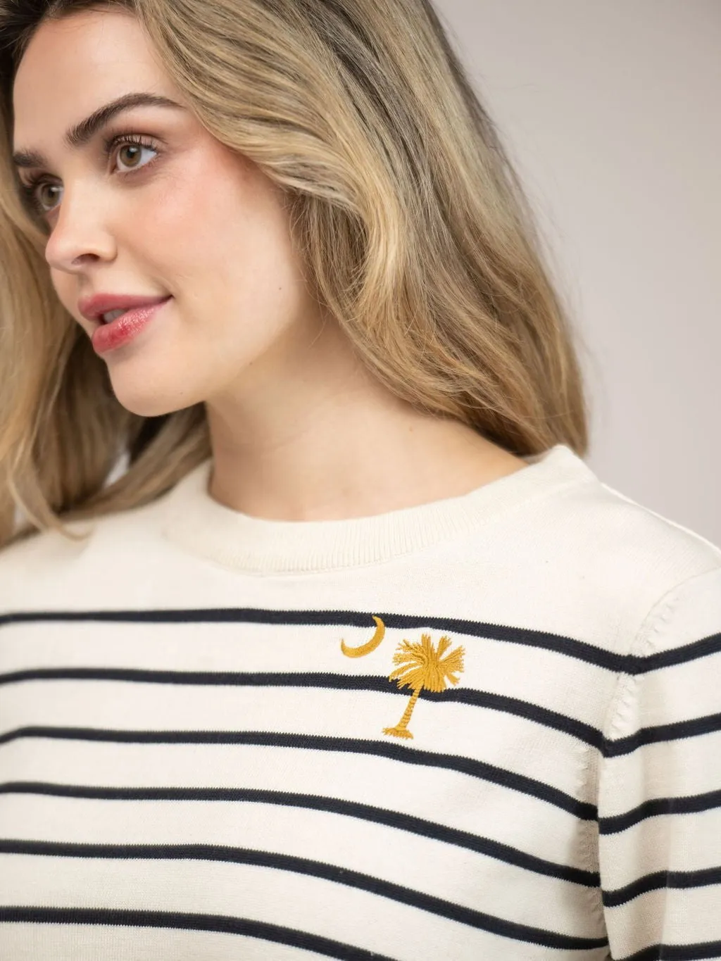 Ivory Striped Sweater with Palmetto Tree Embroidery