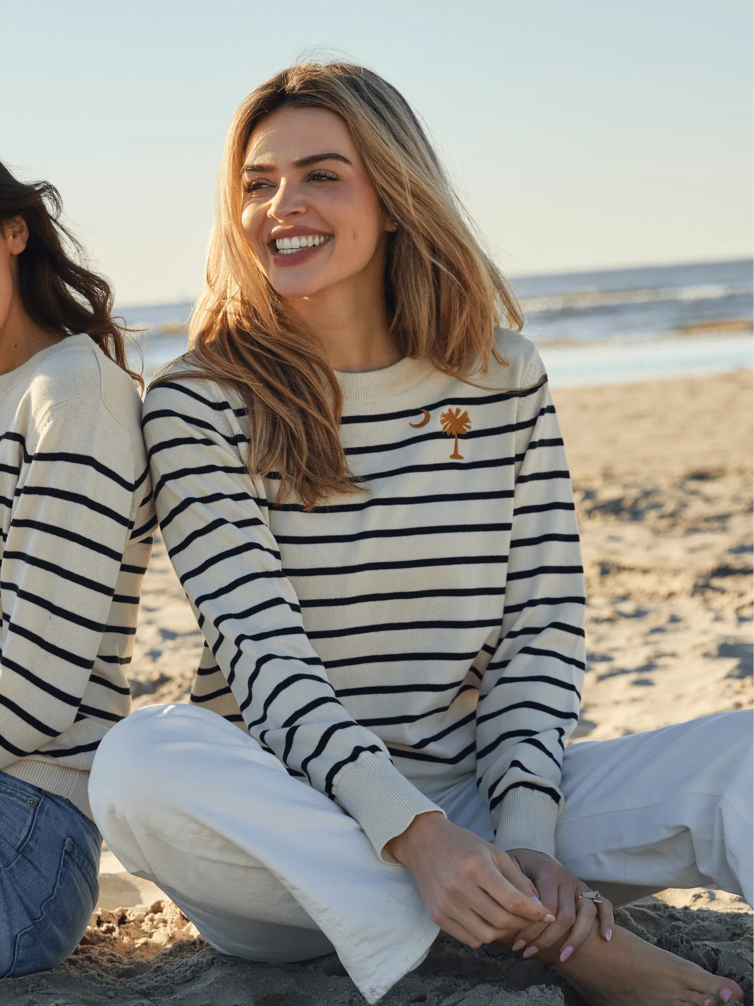 Ivory Striped Sweater with Palmetto Tree Embroidery