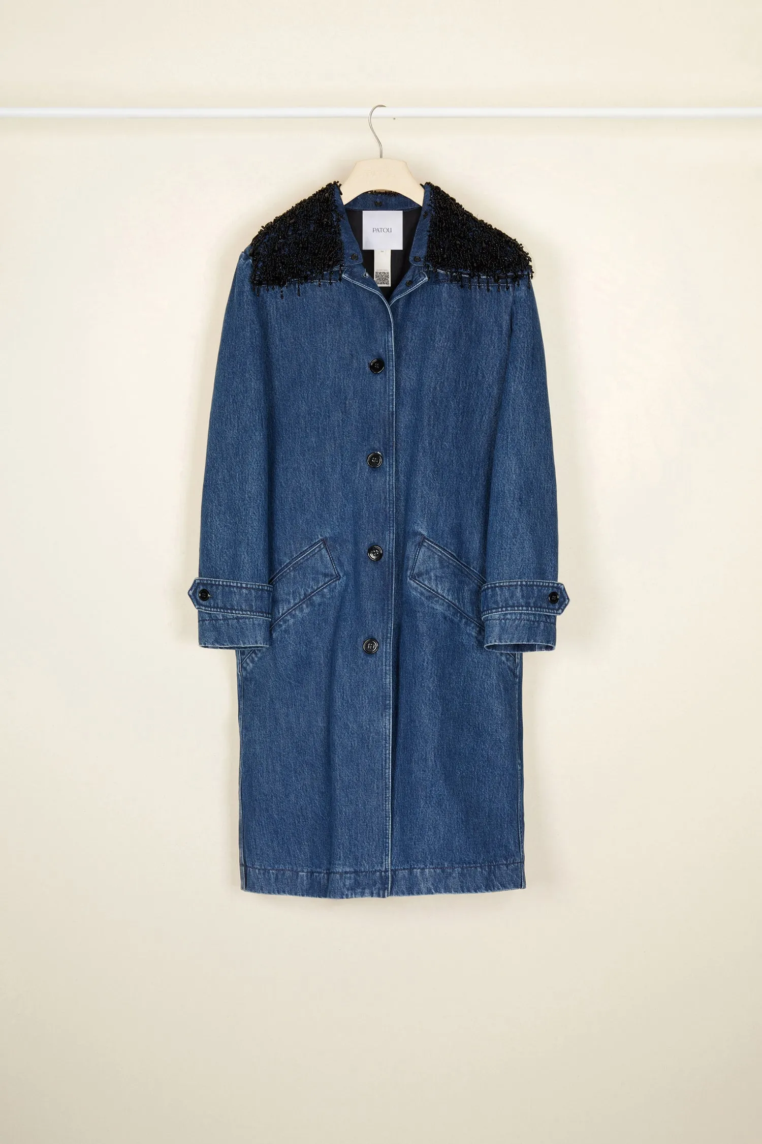 Jewelled collar denim overcoat