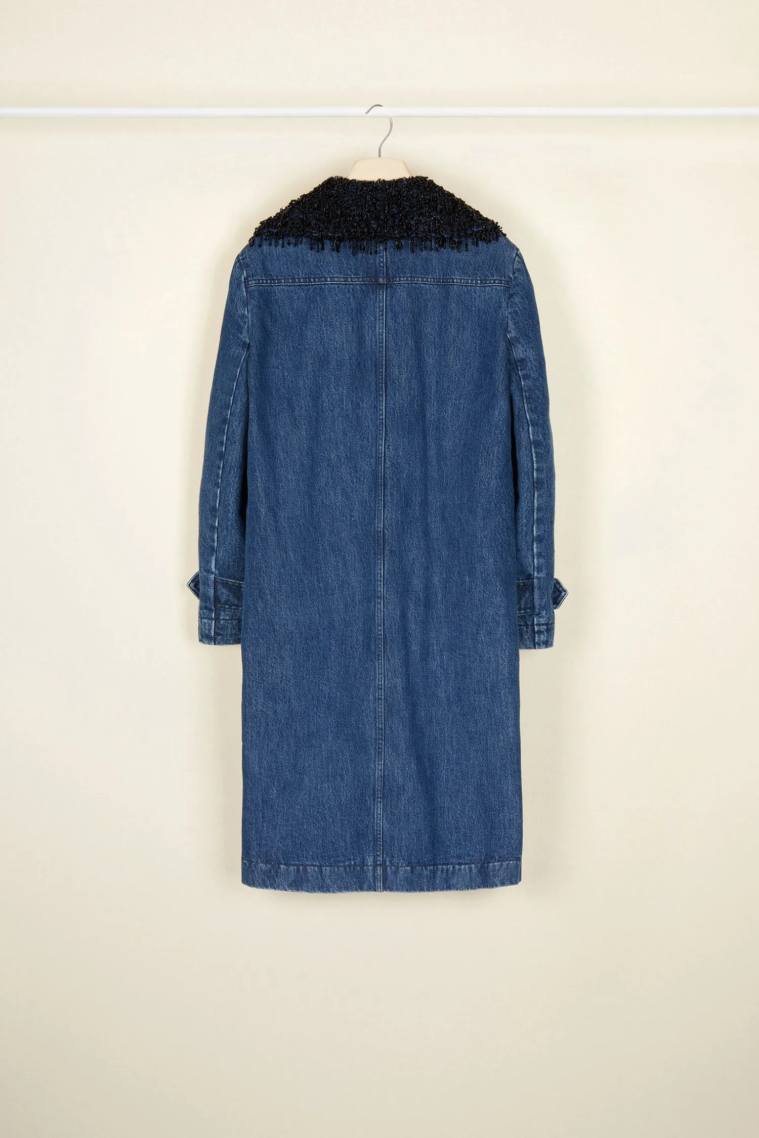 Jewelled collar denim overcoat