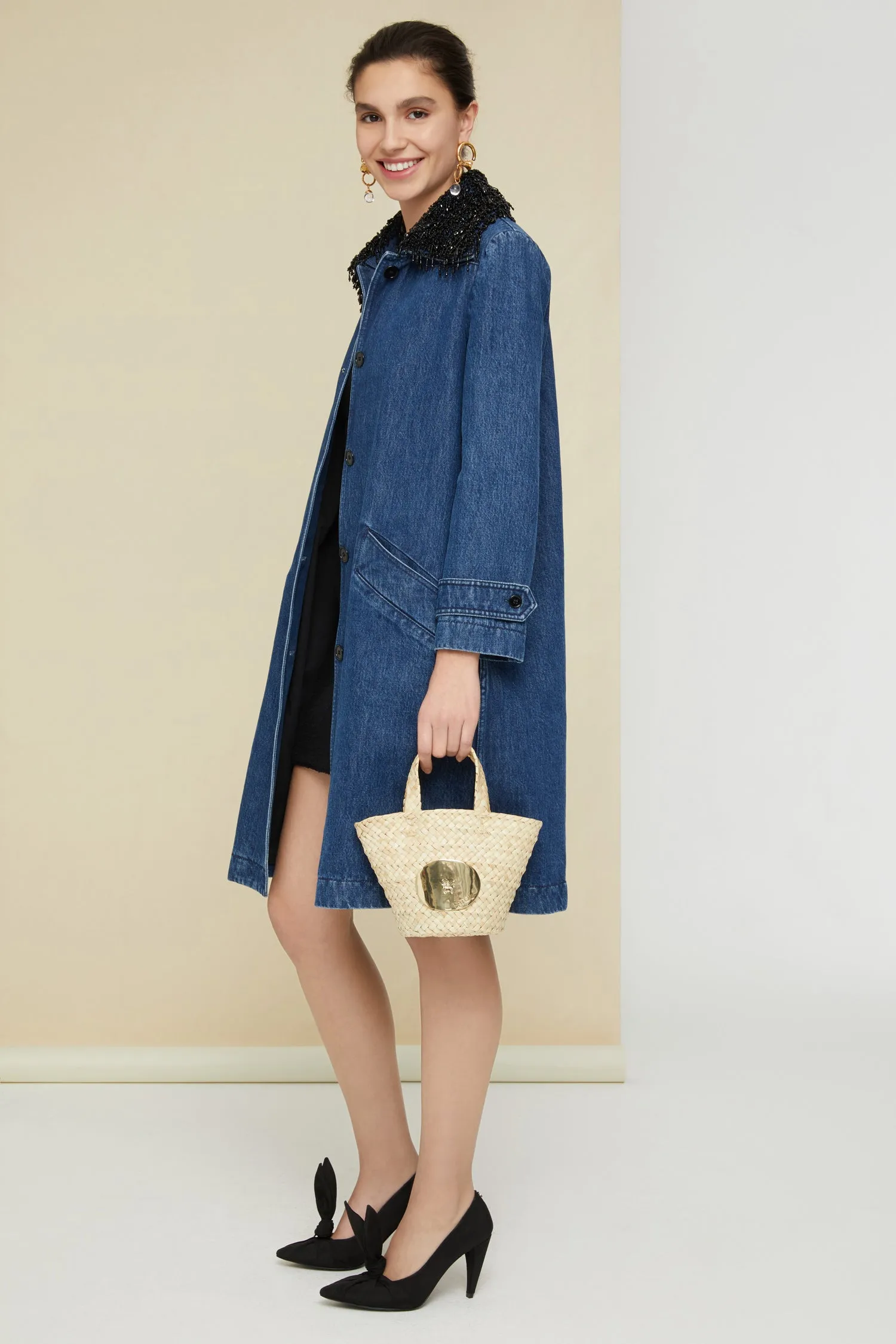 Jewelled collar denim overcoat